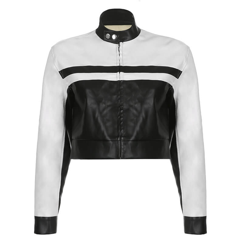 Embroidered Colorblock Leather Cropped Jacket | Gthic.com