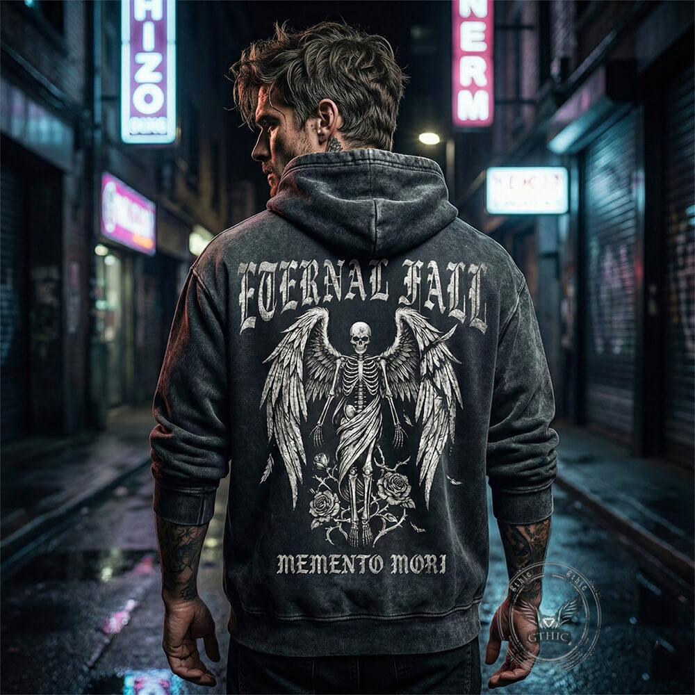 Eternal Fall Angel Skull Vintage Washed Biker Hoodie | Gthic.com