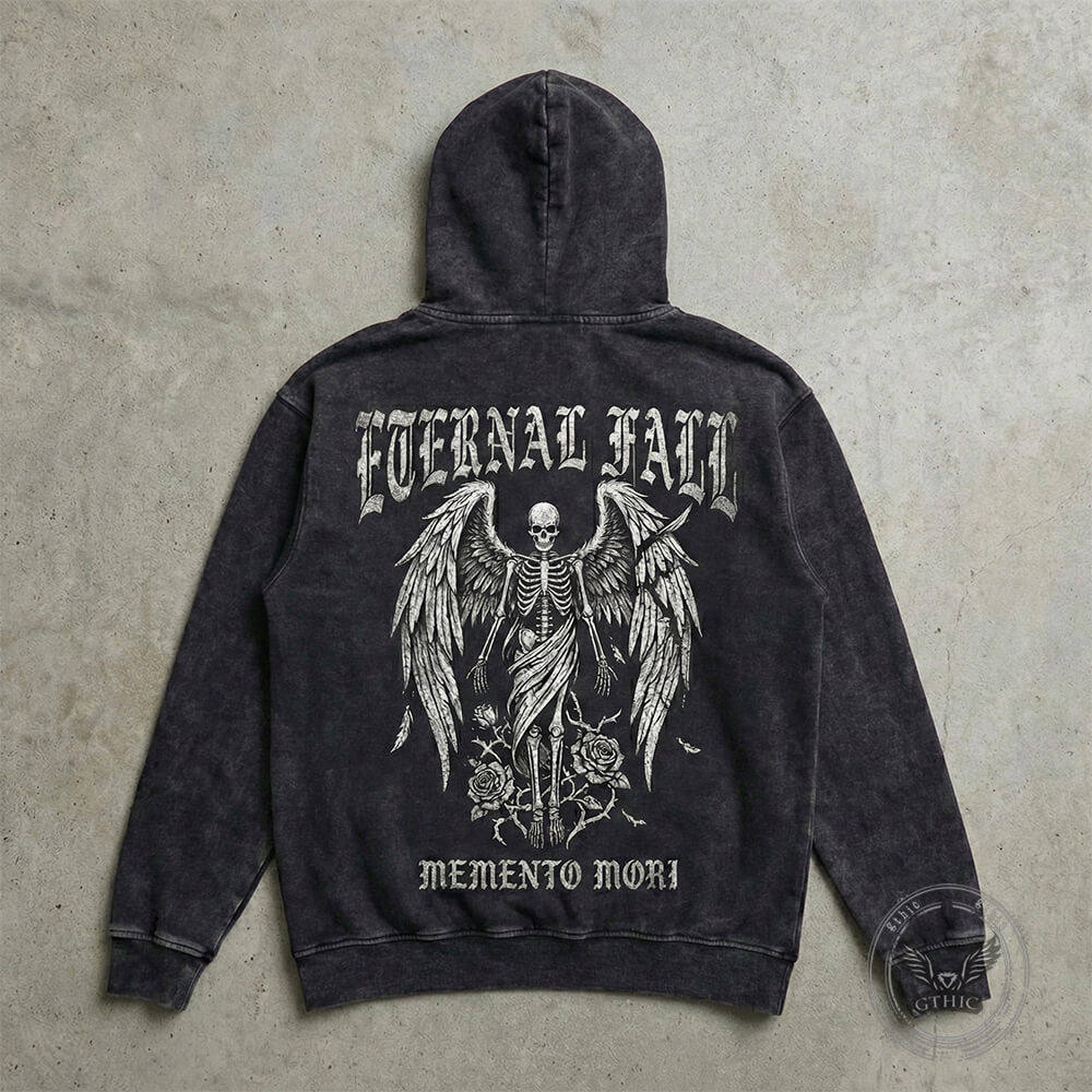 Eternal Fall Angel Skull Vintage Washed Biker Hoodie | Gthic.com