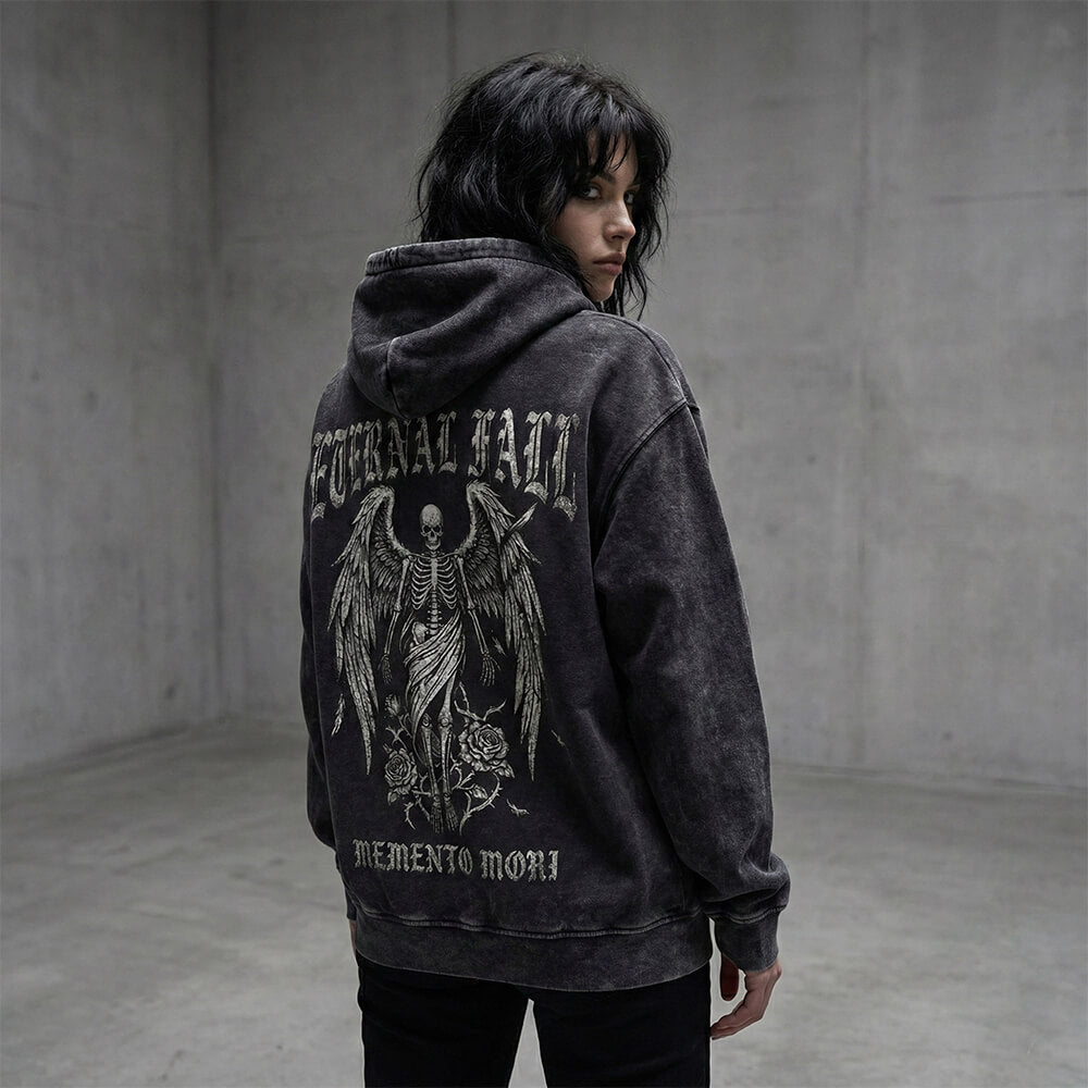 Eternal Fall Angel Skull Vintage Washed Biker Hoodie | Gthic.com