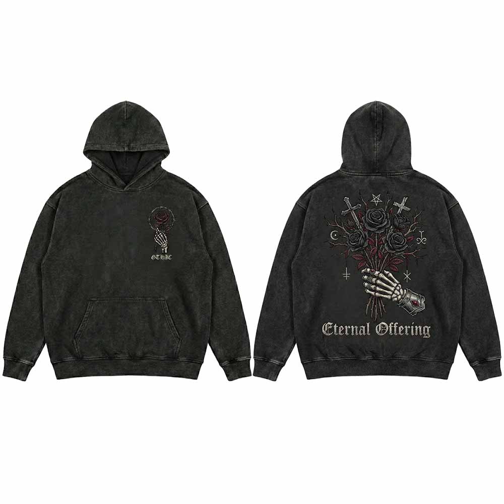 Eternal Offering Rose Skeleton Vintage Washed Hoodie | Gthic.com
