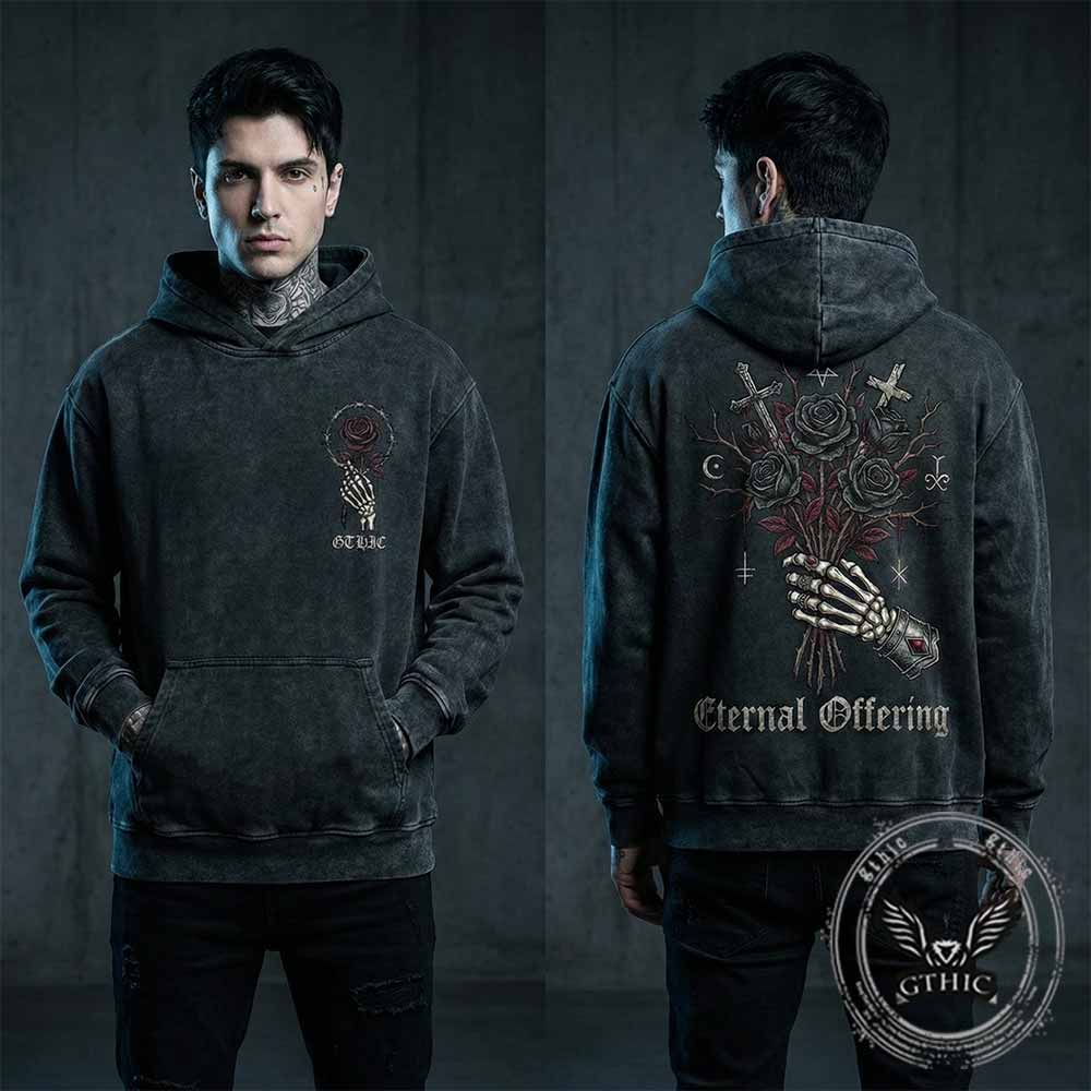 Eternal Offering Rose Skeleton Vintage Washed Hoodie | Gthic.com