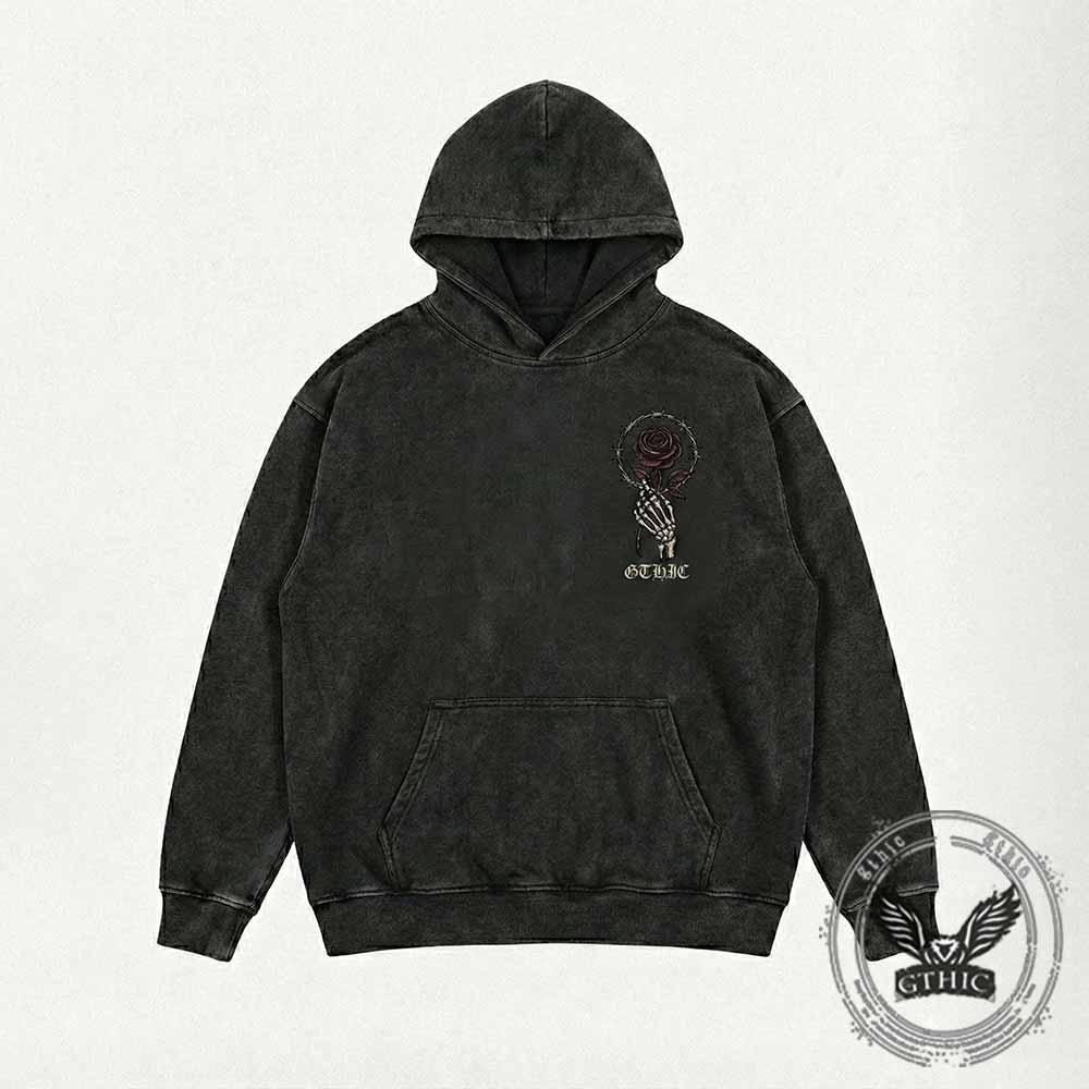 Eternal Offering Rose Skeleton Vintage Washed Hoodie | Gthic.com