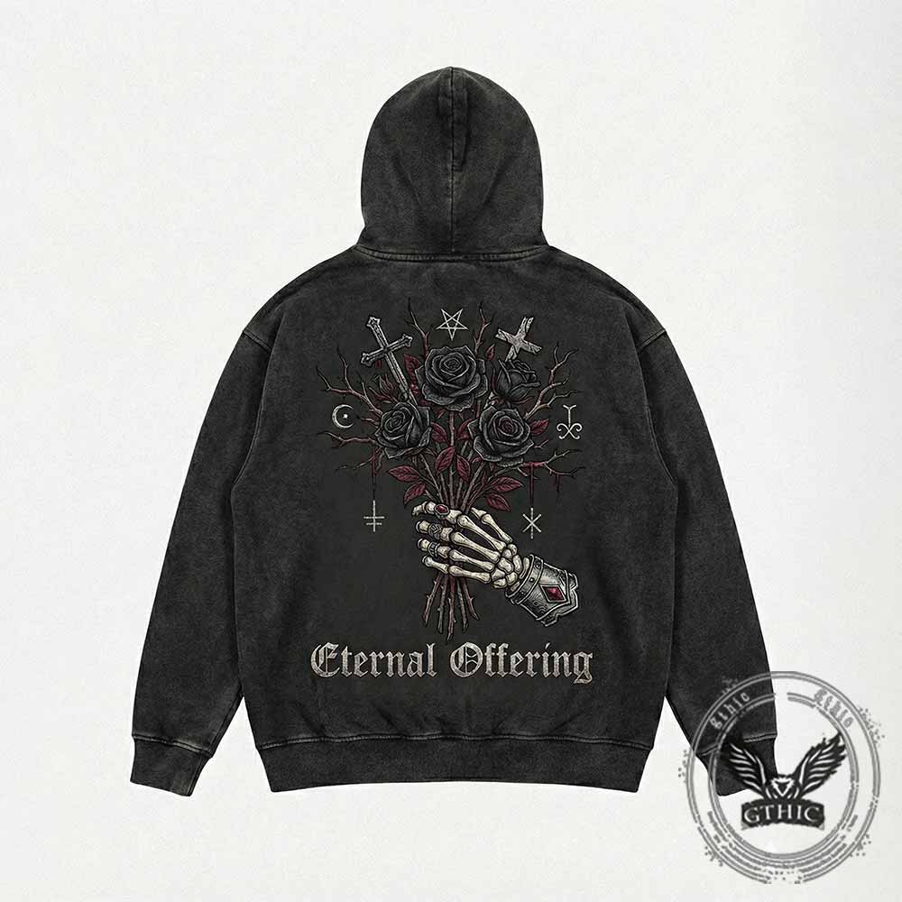 Eternal Offering Rose Skeleton Vintage Washed Hoodie | Gthic.com