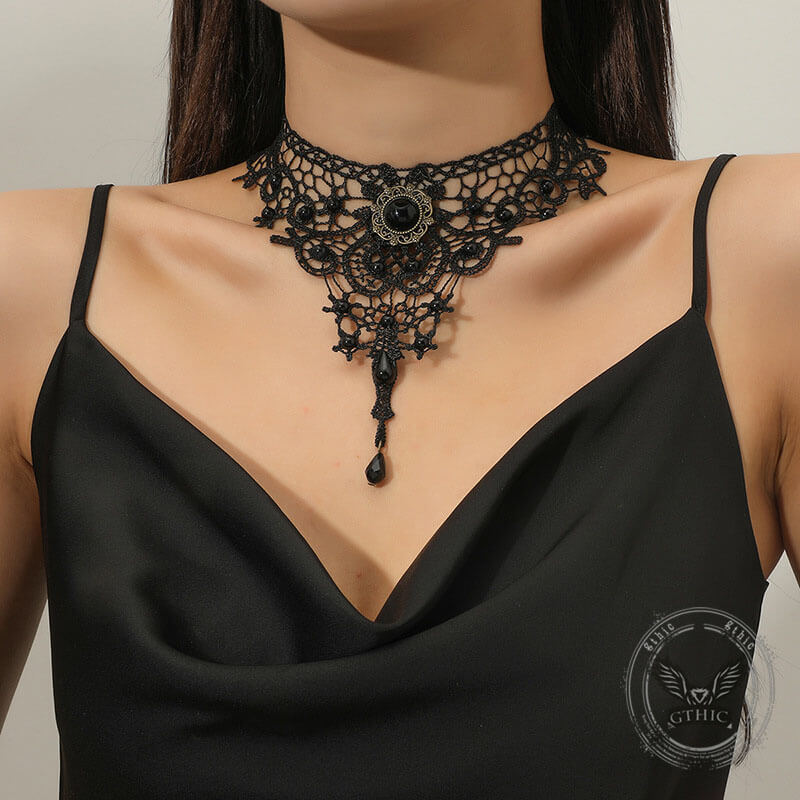 Exaggerated Hollow Lace Beads Gothic Choker Necklace | Gthic.com