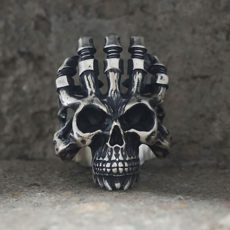 Exaggerated Manipulator Skull Sterling Silver Ring | Gthic.com