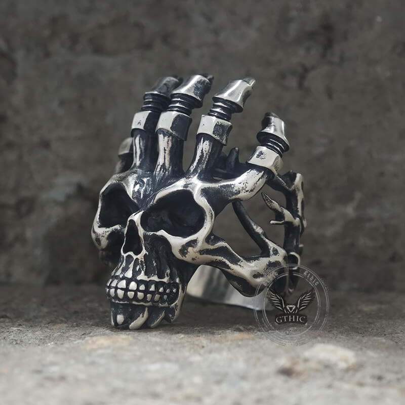Exaggerated Manipulator Skull Sterling Silver Ring | Gthic.com