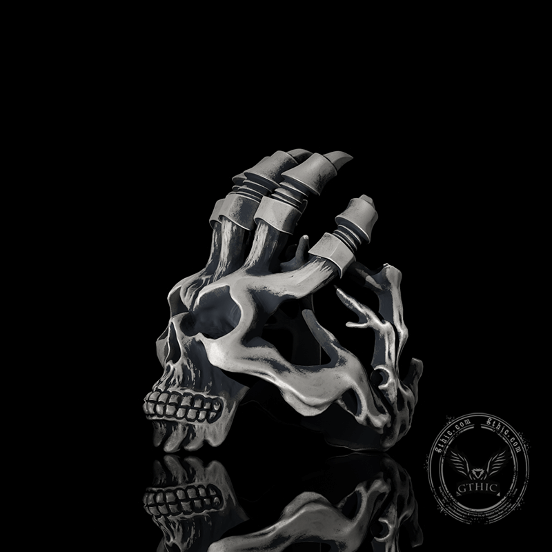 Exaggerated Manipulator Skull Sterling Silver Ring | Gthic.com