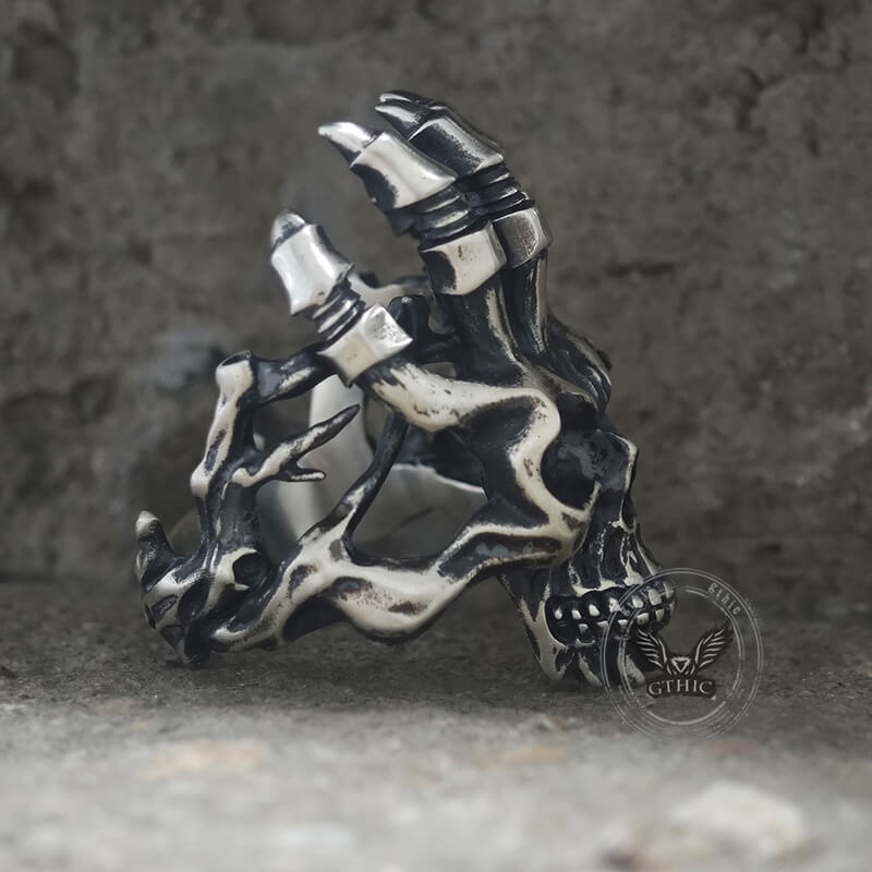 Exaggerated Manipulator Skull Sterling Silver Ring | Gthic.com