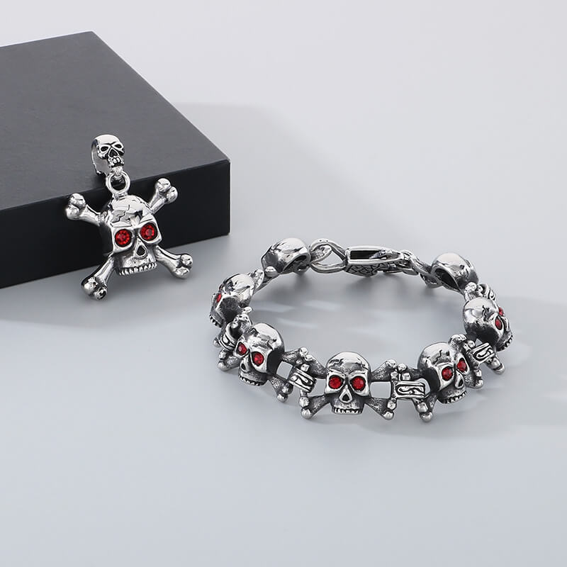 Exaggerated Red-Eyed Skull Stainless Steel Jewelry Set | Gthic.com