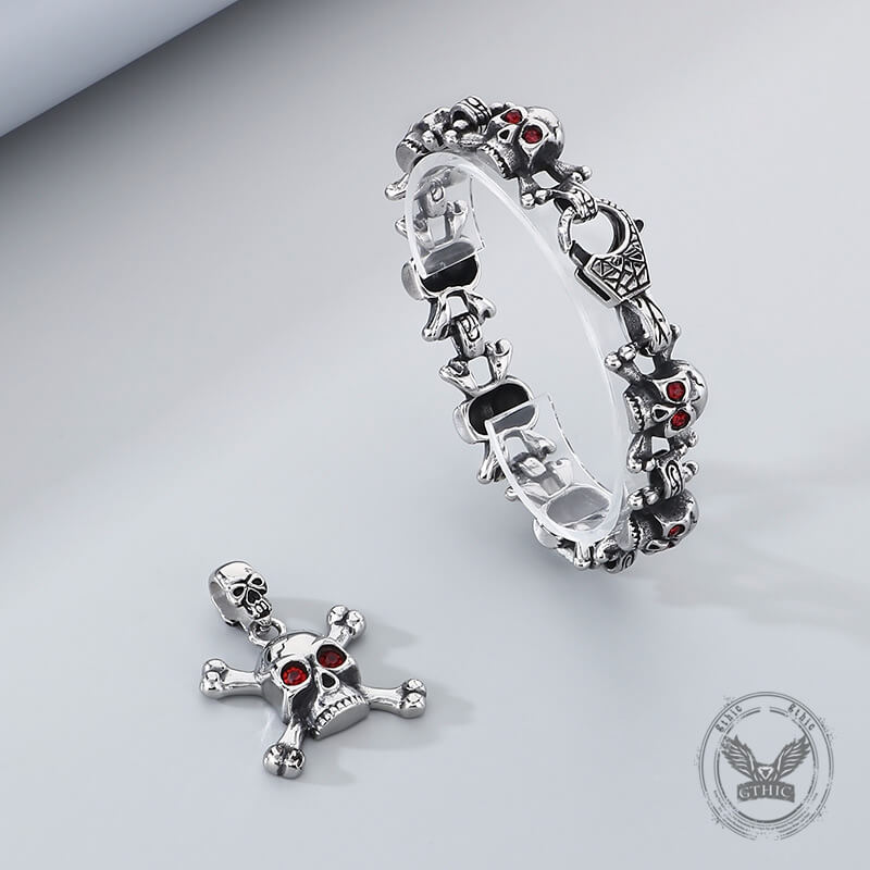 Exaggerated Red-Eyed Skull Stainless Steel Jewelry Set | Gthic.com