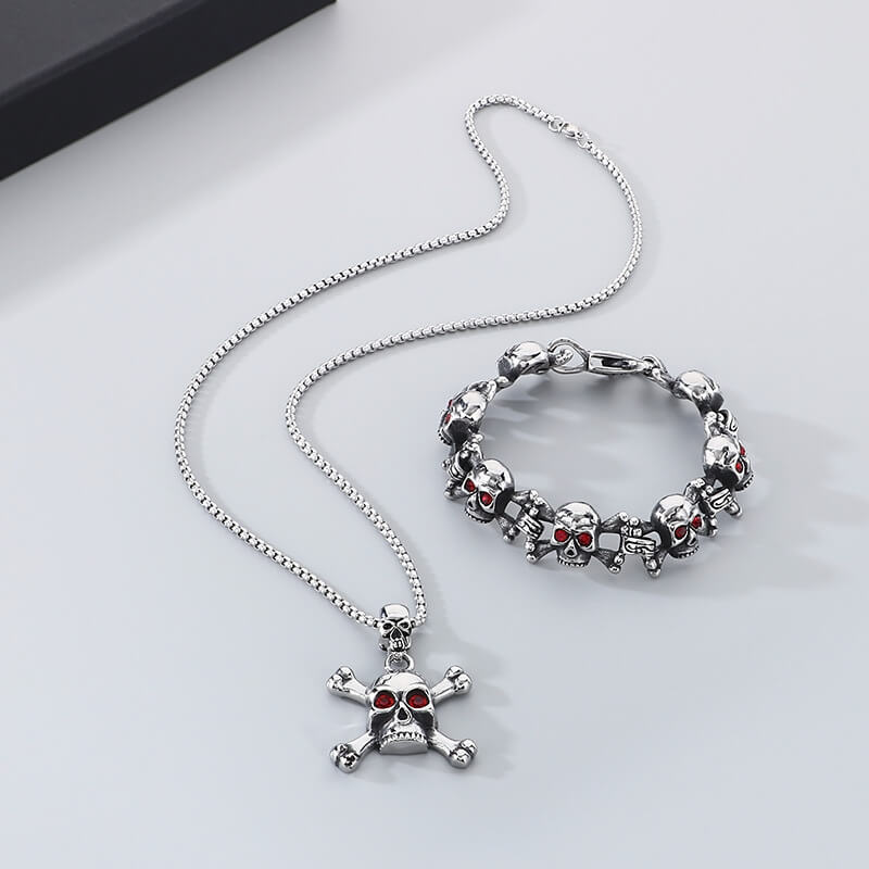 Exaggerated Red-Eyed Skull Stainless Steel Jewelry Set | Gthic.com