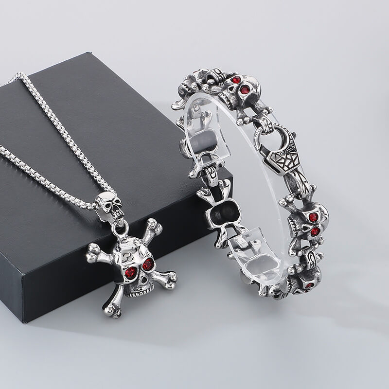 Exaggerated Red-Eyed Skull Stainless Steel Jewelry Set | Gthic.com