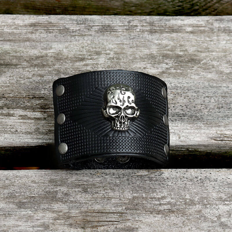 Exaggerated Skull Wide Leather Wristband Bracelet | Gthic.com