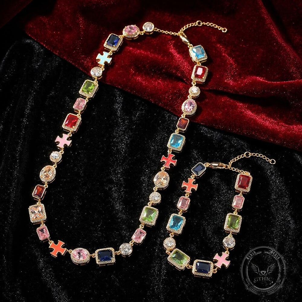 Exquisite Colorful Gemstone Cross Copper Necklace