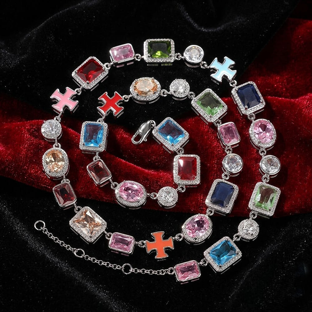 Exquisite Colorful Gemstone Cross Copper Necklace