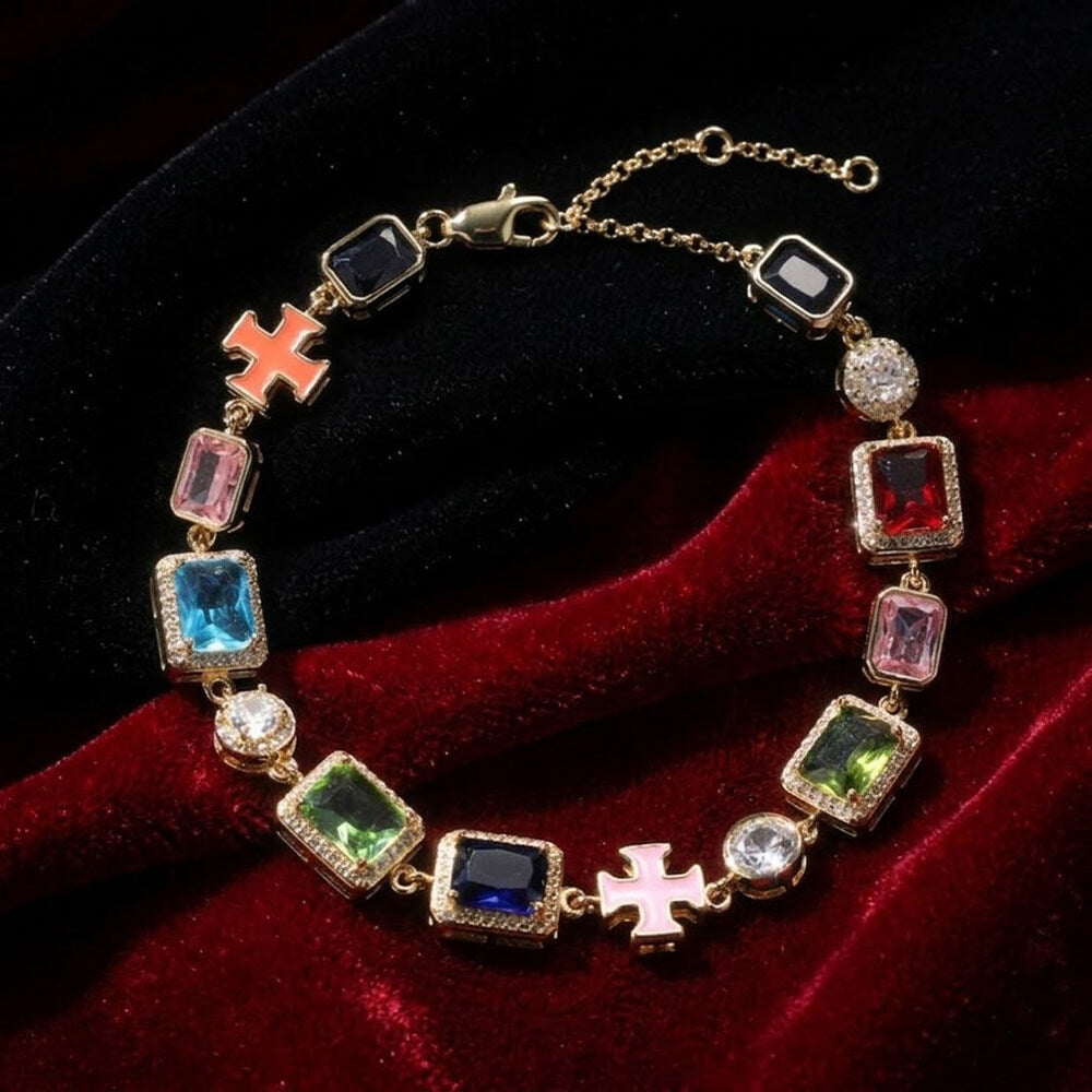 Exquisite Colorful Gemstone Cross Copper Necklace