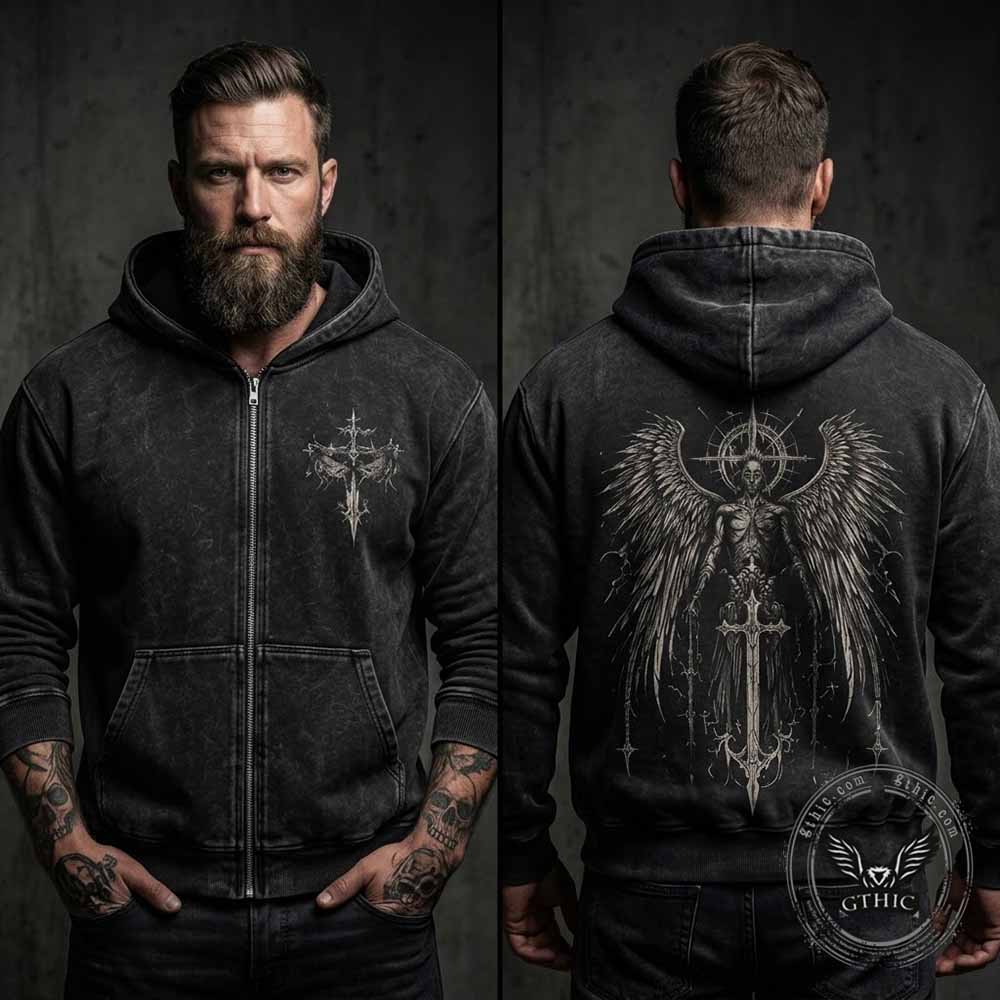 Fallen Angel Cross Vintage Washed Zip-Up Hooded Jacket | Gthic.com
