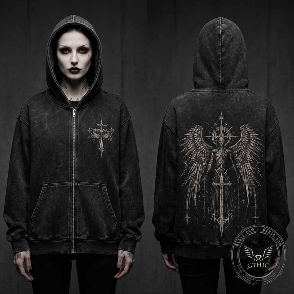 Fallen Angel Cross Vintage Washed Zip-Up Hooded Jacket | Gthic.com