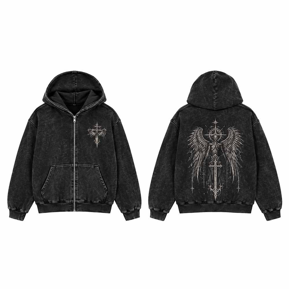 Fallen Angel Cross Vintage Washed Zip-Up Hooded Jacket | Gthic.com