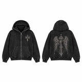 Fallen Angel Cross Vintage Washed Zip-Up Hooded Jacket | Gthic.com