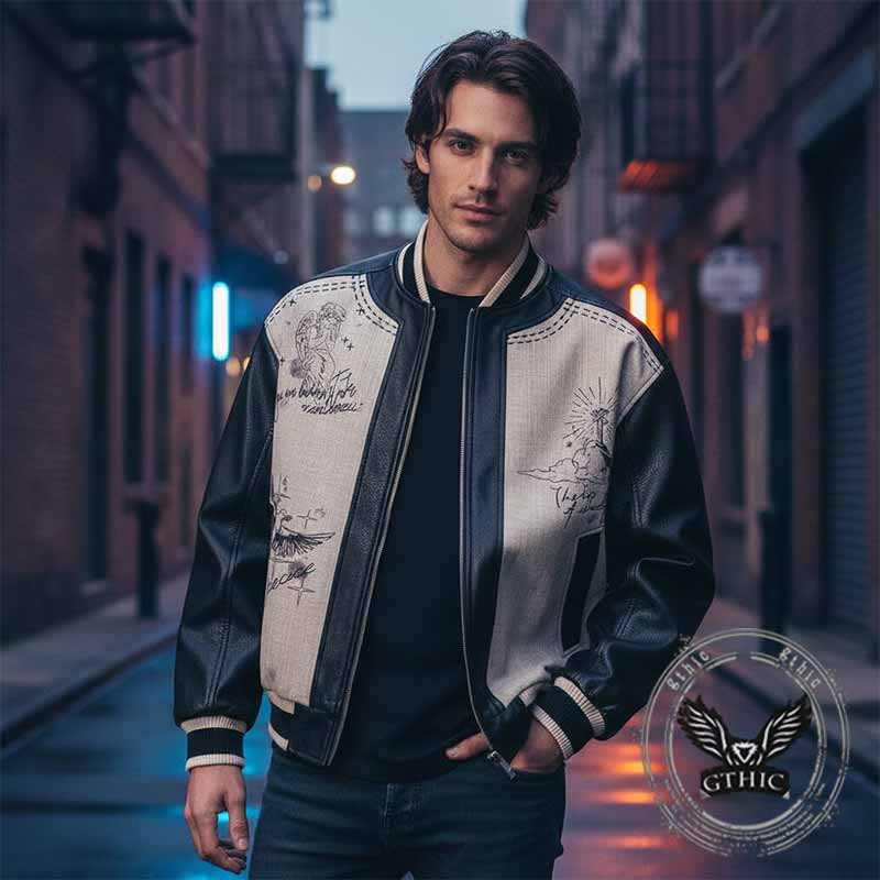 Fashion Angel Wing Statue Print PU Leather Jacket | Gthic.com