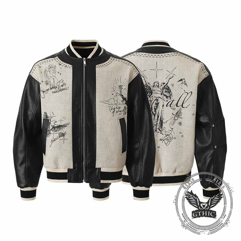 Fashion Angel Wing Statue Print PU Leather Jacket | Gthic.com