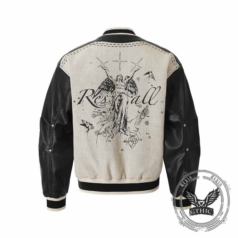 Fashion Angel Wing Statue Print PU Leather Jacket | Gthic.com