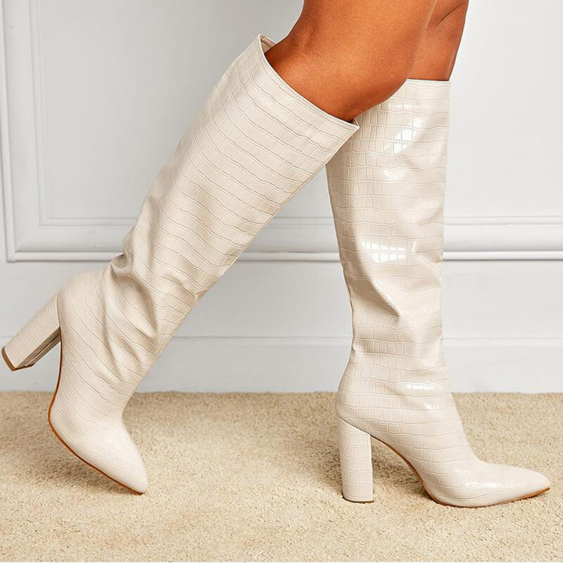 Fashion Chunky High Heel Pointed Toe Slip-on High Boots | Gthic.com