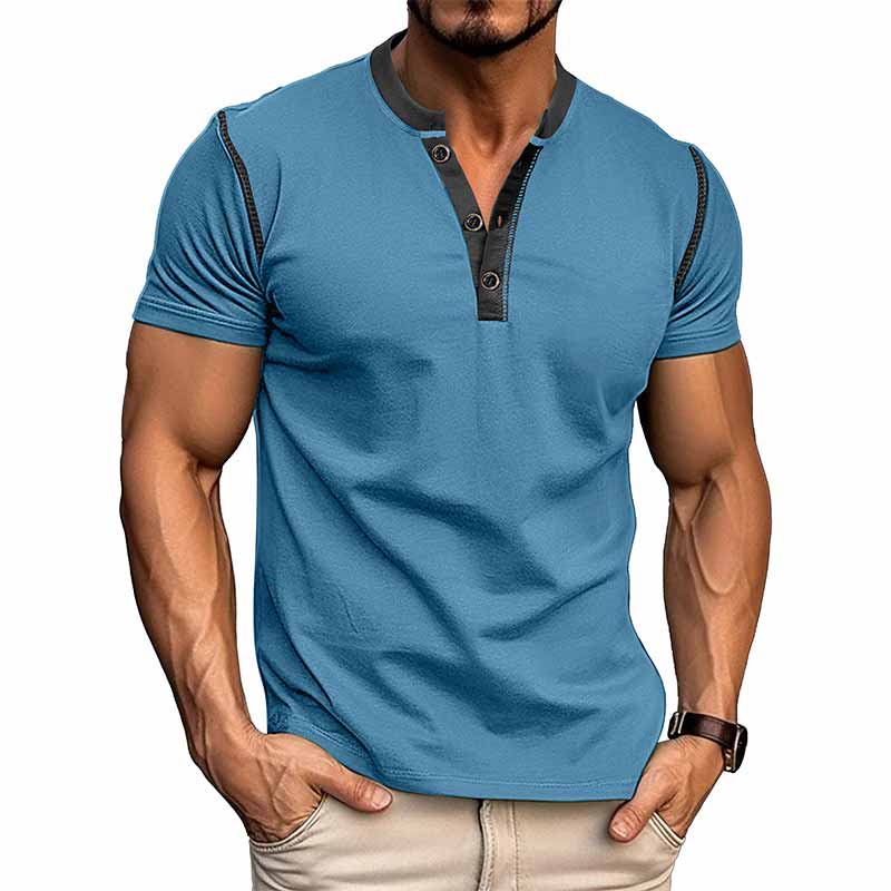 Fashion Colorblock Crew Neck Henley Polo Shirt