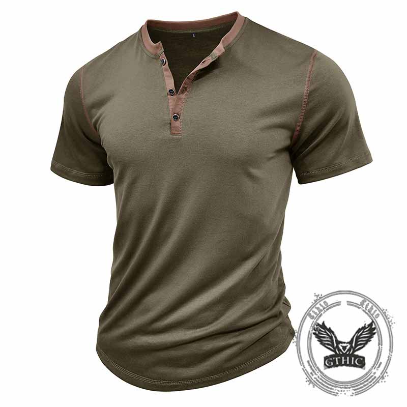Fashion Colorblock Crew Neck Henley Polo Shirt