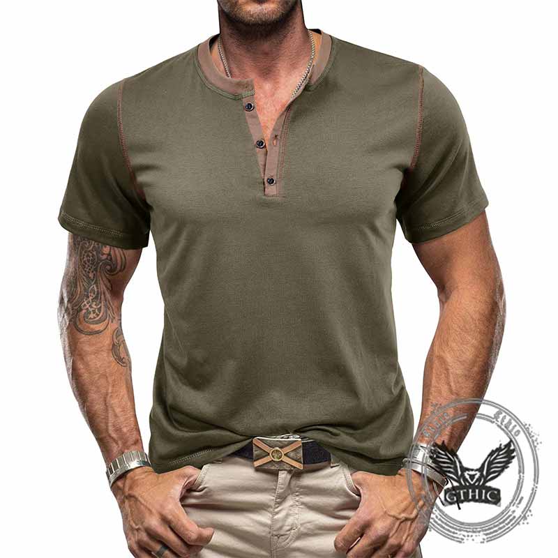 Fashion Colorblock Crew Neck Henley Polo Shirt