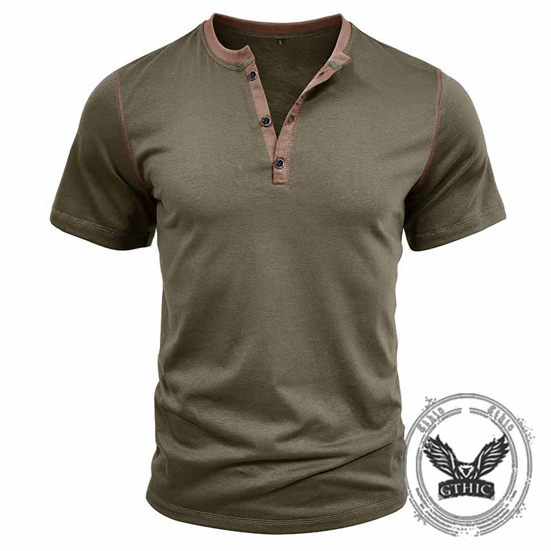 Fashion Colorblock Crew Neck Henley Polo Shirt