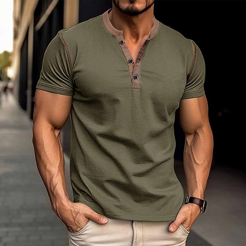 Fashion Colorblock Crew Neck Henley Polo Shirt 02 | Gthic.com