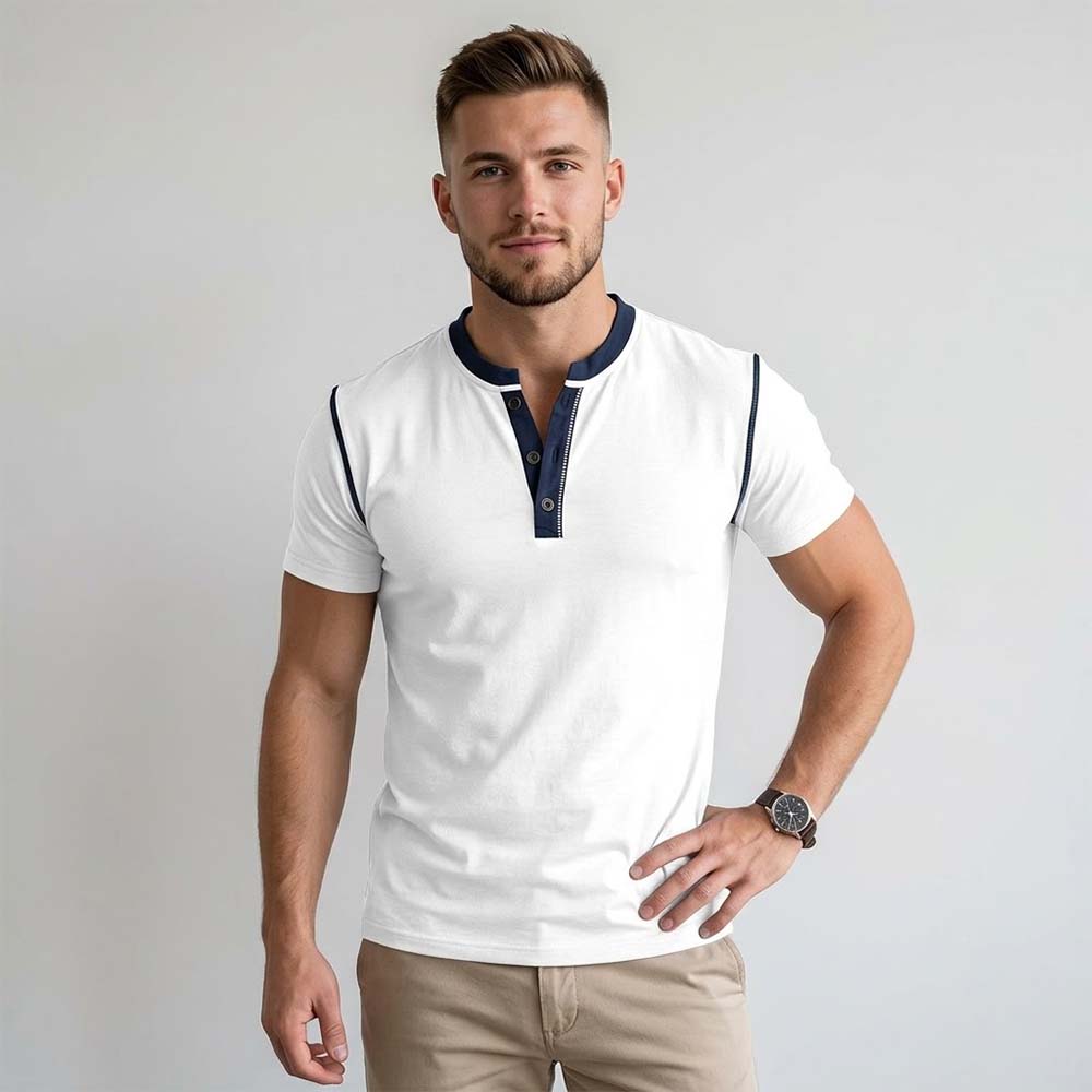 Fashion Colorblock Crew Neck Henley Polo Shirt