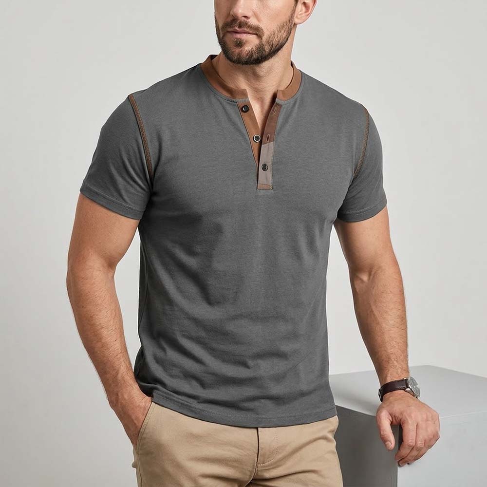 Fashion Colorblock Crew Neck Henley Polo Shirt