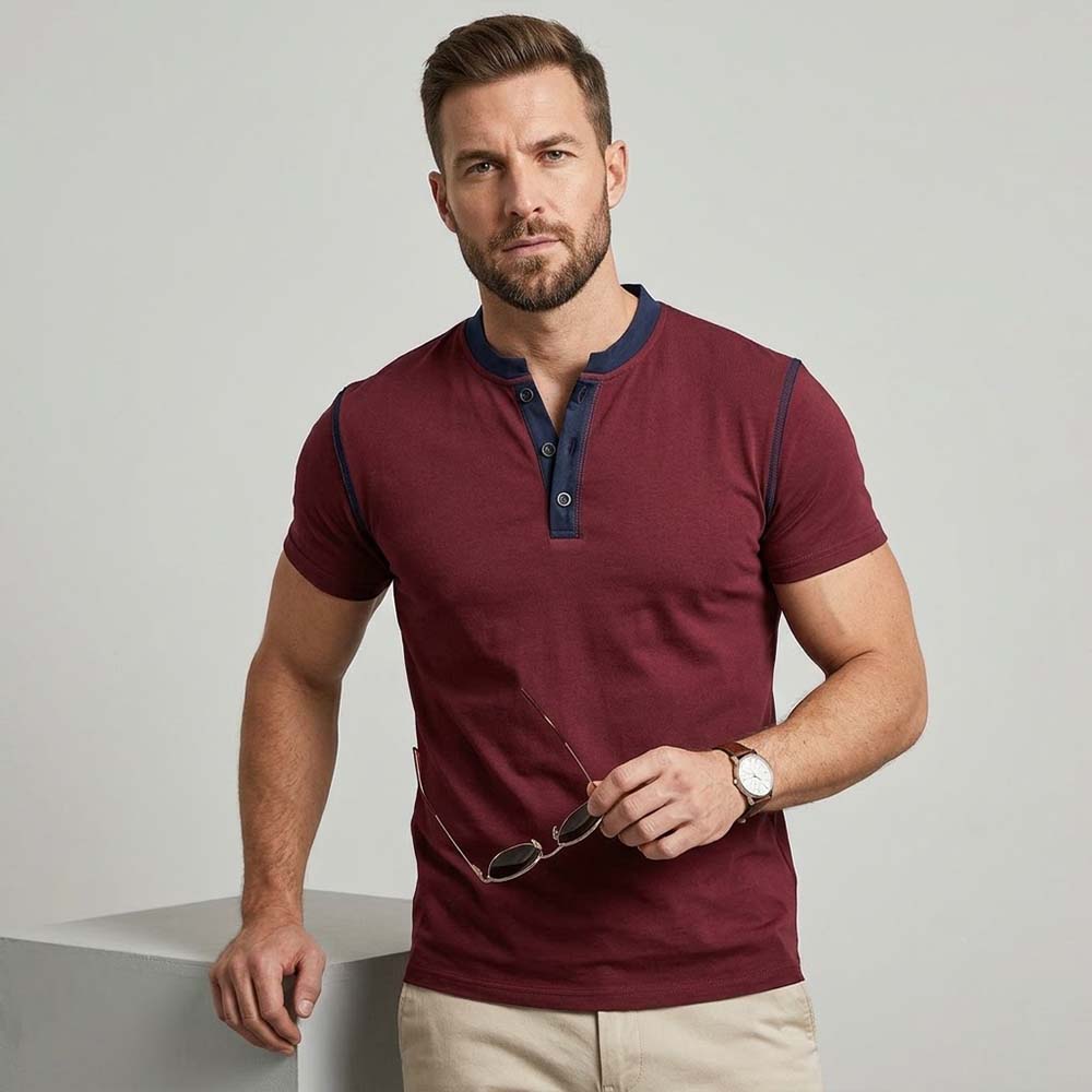 Fashion Colorblock Crew Neck Henley Polo Shirt