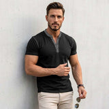 Fashion Colorblock Crew Neck Henley Polo Shirt