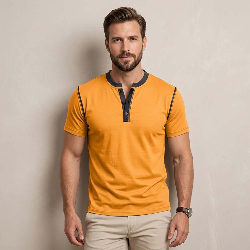 Fashion Colorblock Crew Neck Henley Polo Shirt
