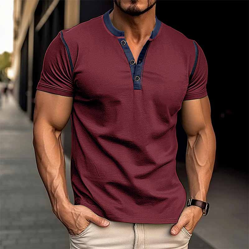 Fashion Colorblock Crew Neck Henley Polo Shirt
