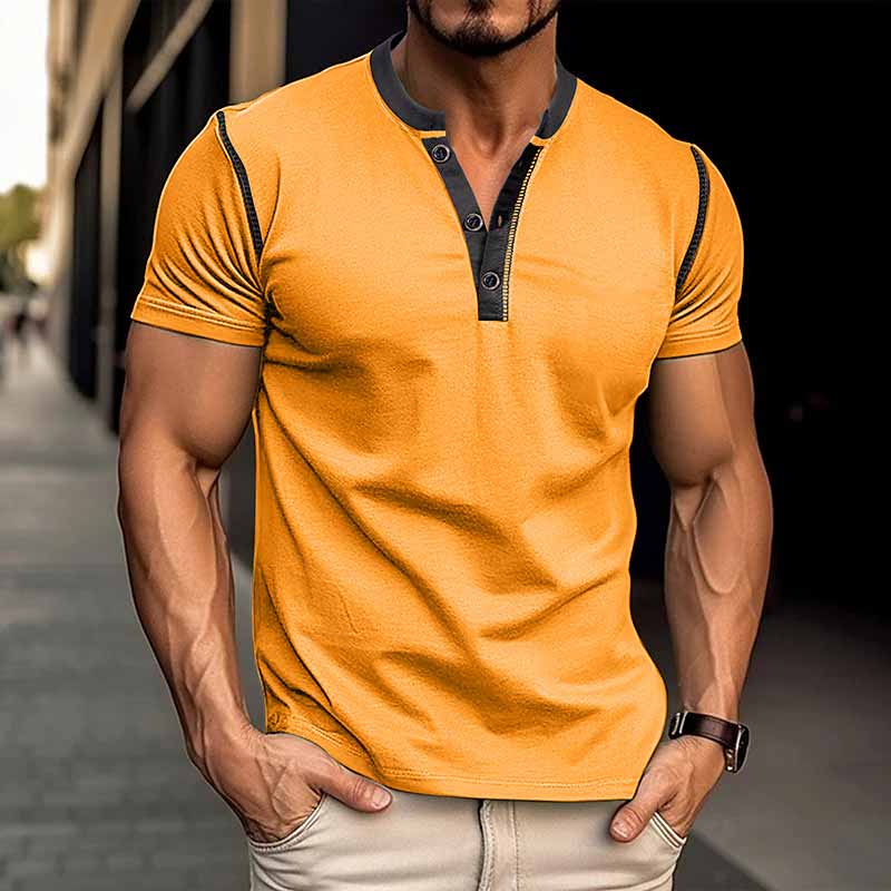 Fashion Colorblock Crew Neck Henley Polo Shirt