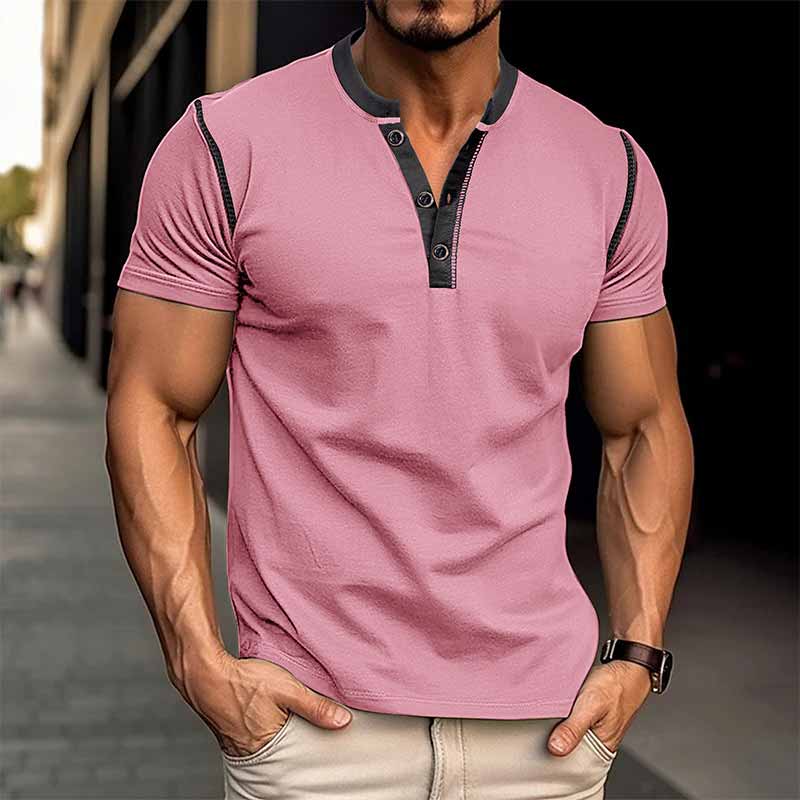 Fashion Colorblock Crew Neck Henley Polo Shirt