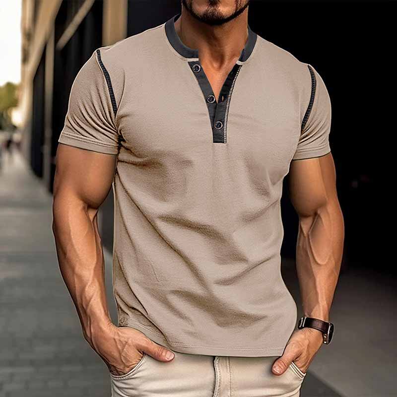 Fashion Colorblock Crew Neck Henley Polo Shirt