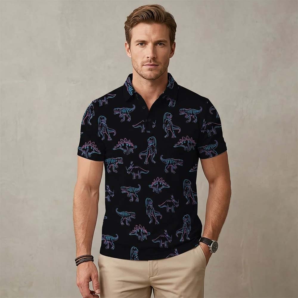 Fashion Colorful Dinosaur Print Short Sleeve Polo Shirt | Gthic.com