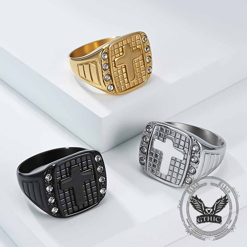 Fashion Cross Diamond-Set Stainless Steel Ring | Gthic.com