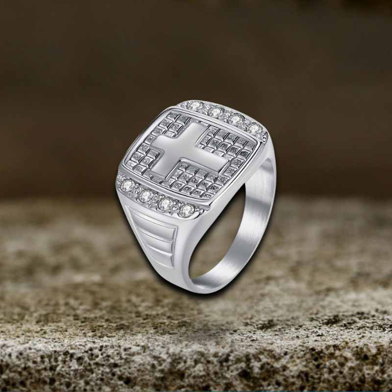 Fashion Cross Diamond-Set Stainless Steel Ring | Gthic.com