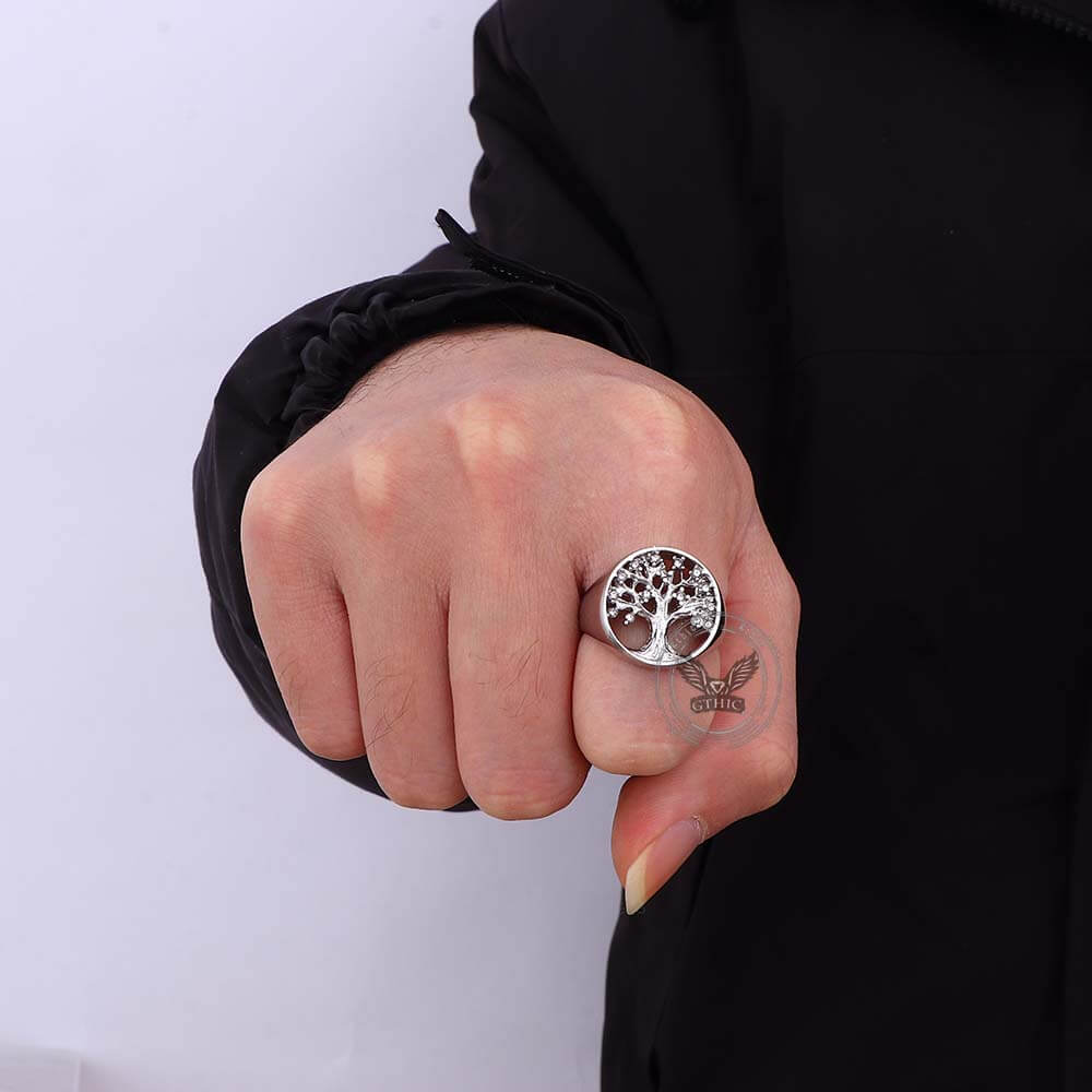 Fashion Gem Hollowed Tree Of Life Stainless Steel Viking Ring