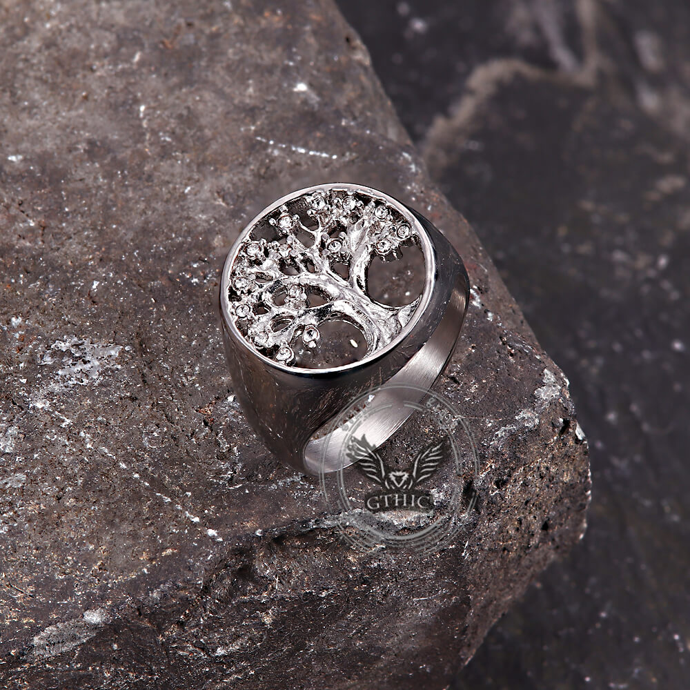 Fashion Gem Hollowed Tree Of Life Stainless Steel Viking Ring