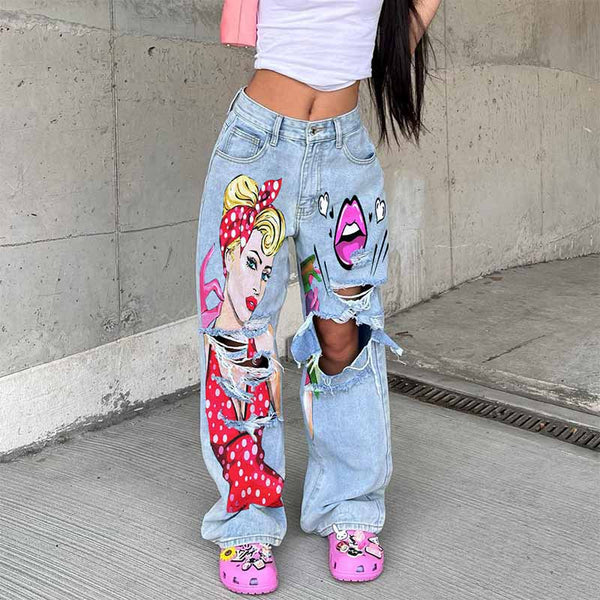 Fashion Girls Lips Print Y2K Ripped Straight Jeans 01 | Gthic.com