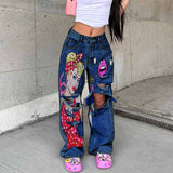 Fashion Girls Lips Print Y2K Ripped Straight Jeans 02 | Gthic.com
